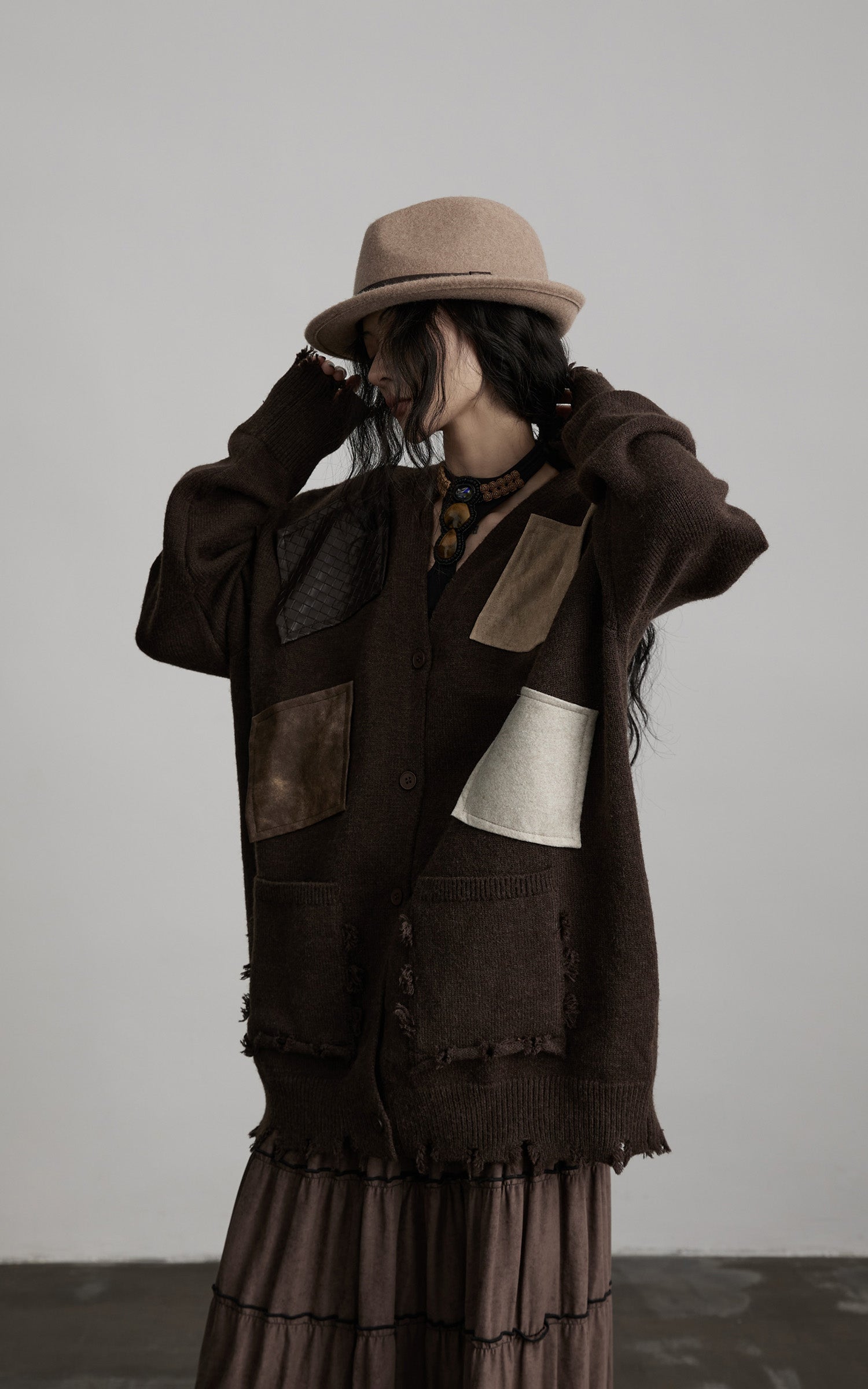 DOINDULGE Patchwork Distressed Knit Cardigan