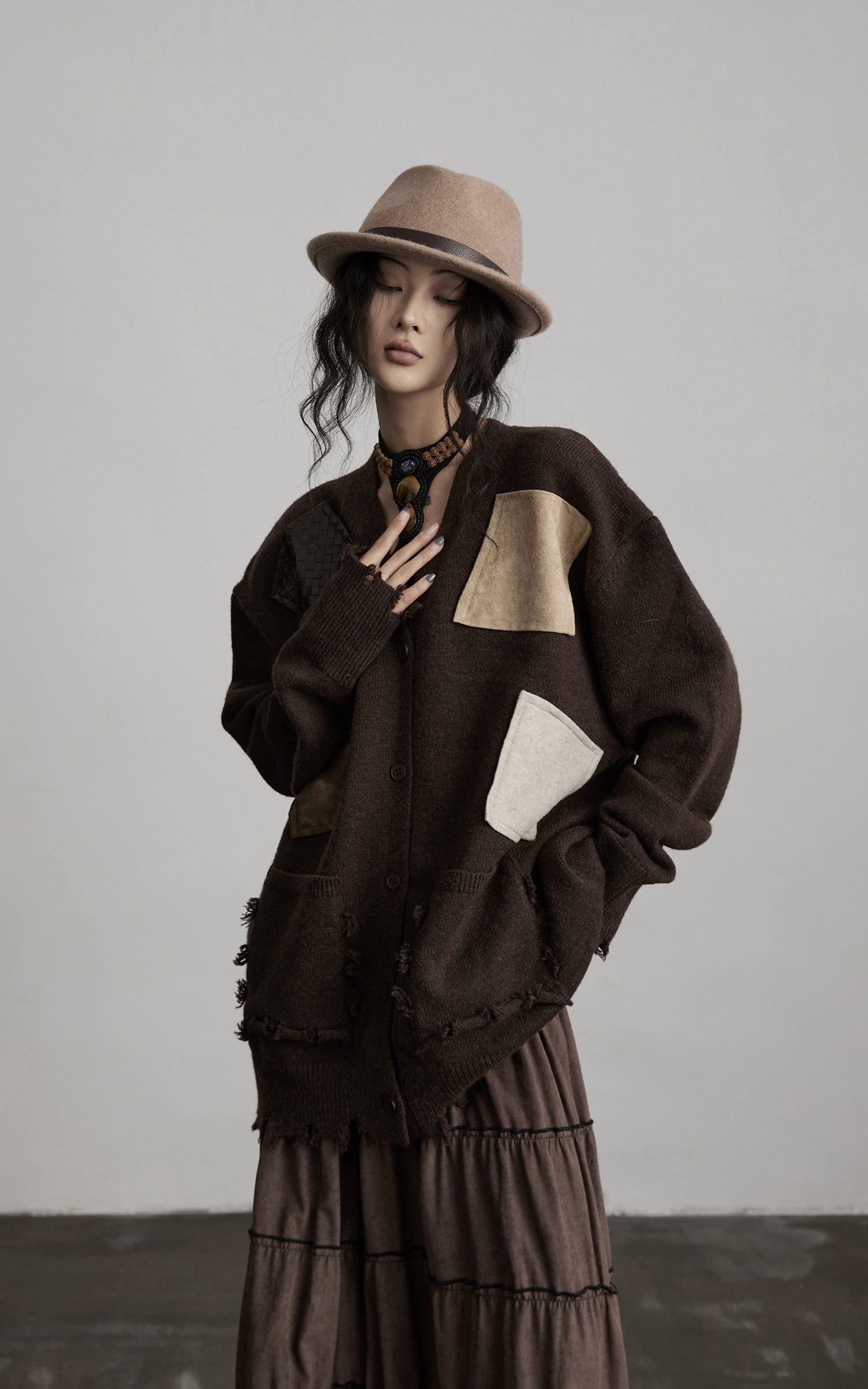 DOINDULGE Patchwork Distressed Knit Cardigan