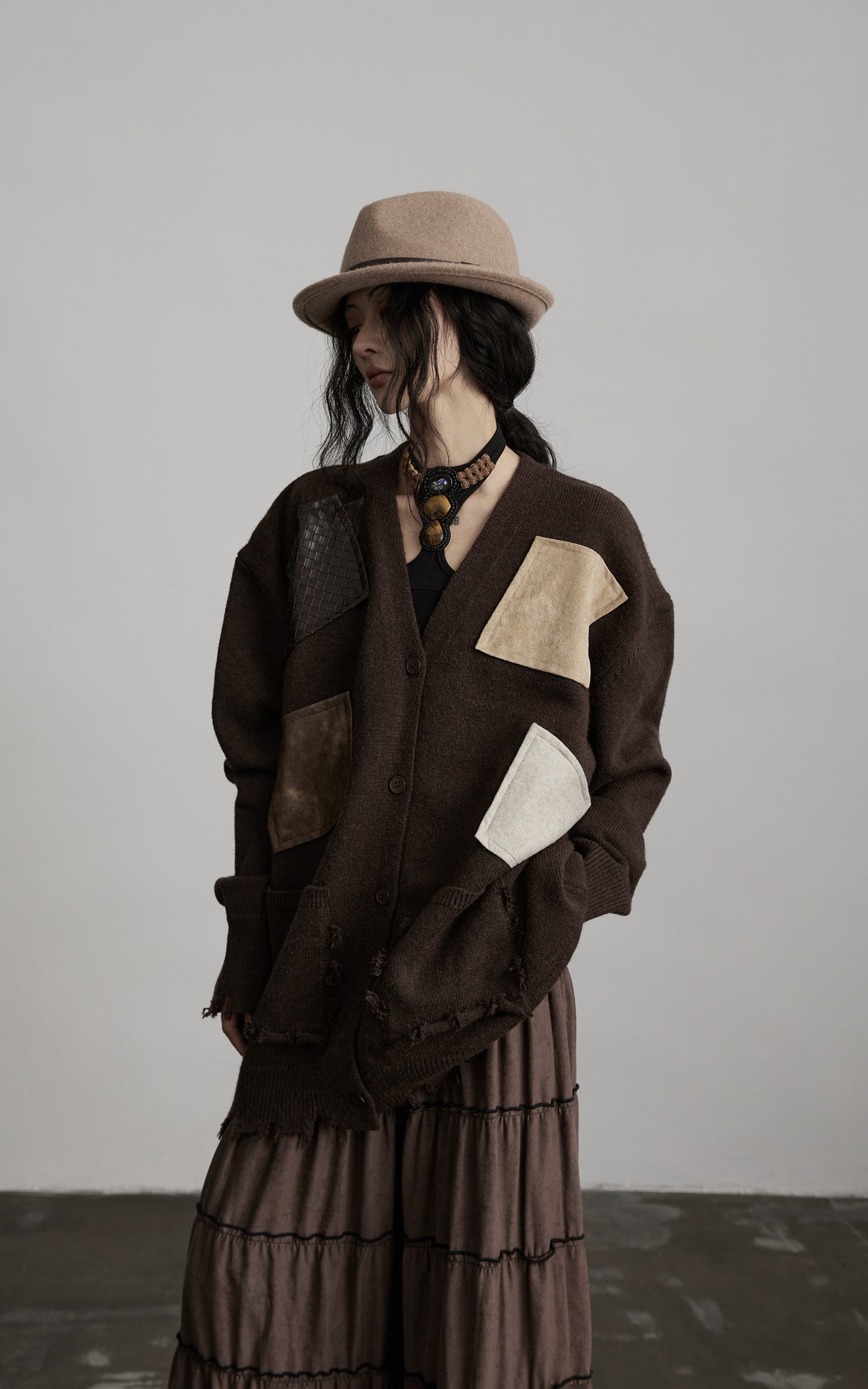 DOINDULGE Patchwork Distressed Knit Cardigan