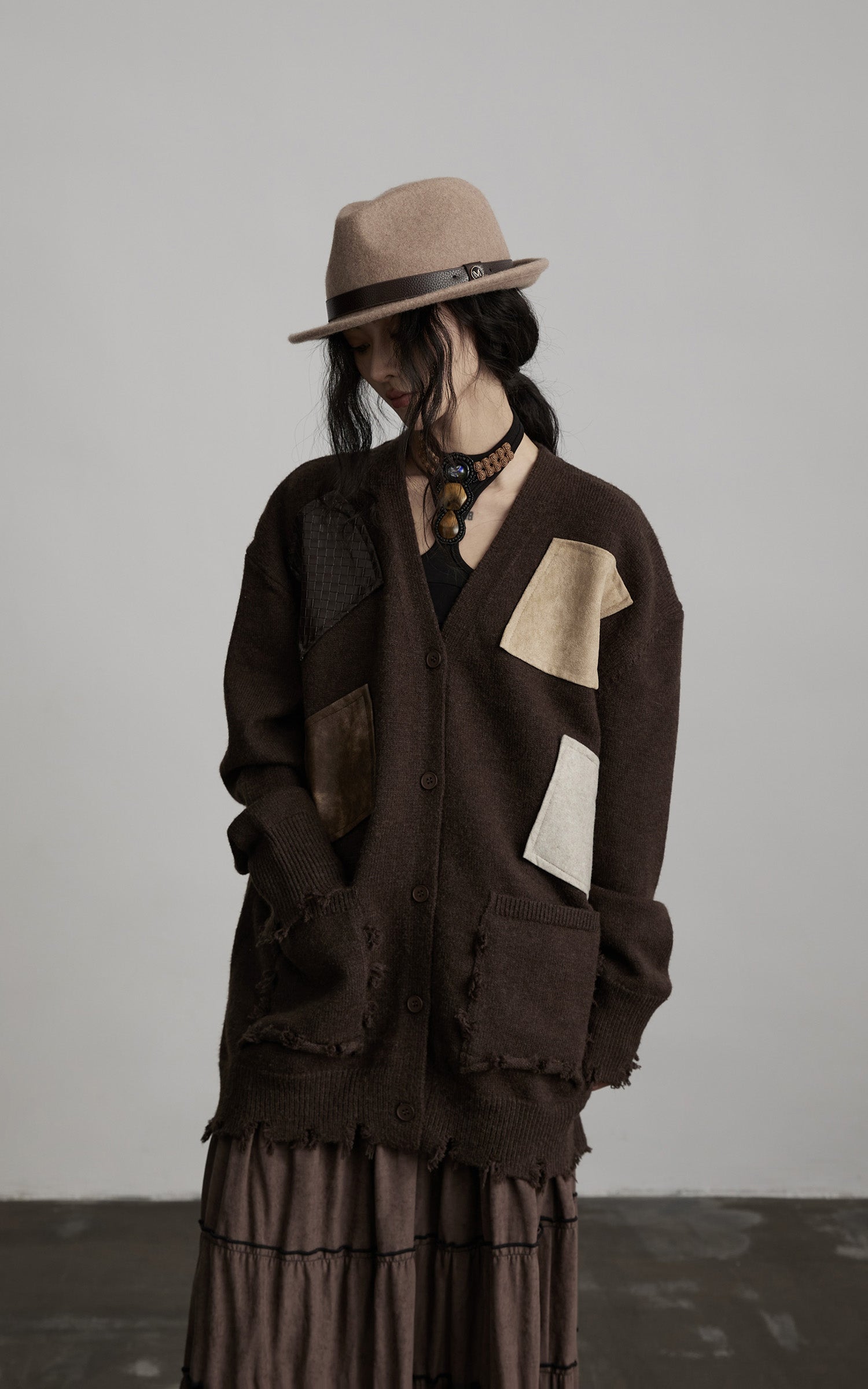 DOINDULGE Patchwork Distressed Knit Cardigan