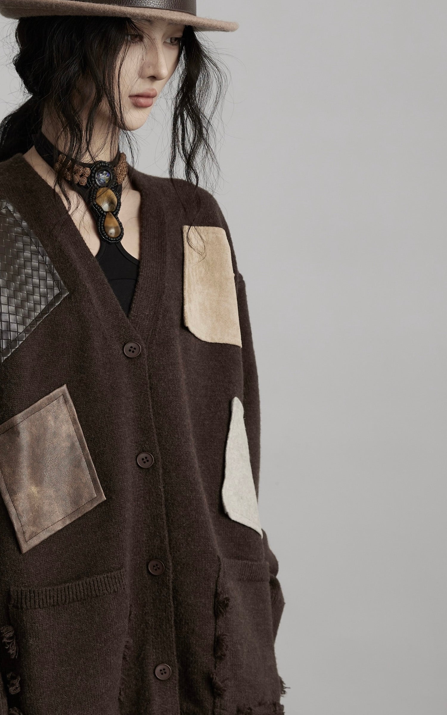 DOINDULGE Patchwork Distressed Knit Cardigan