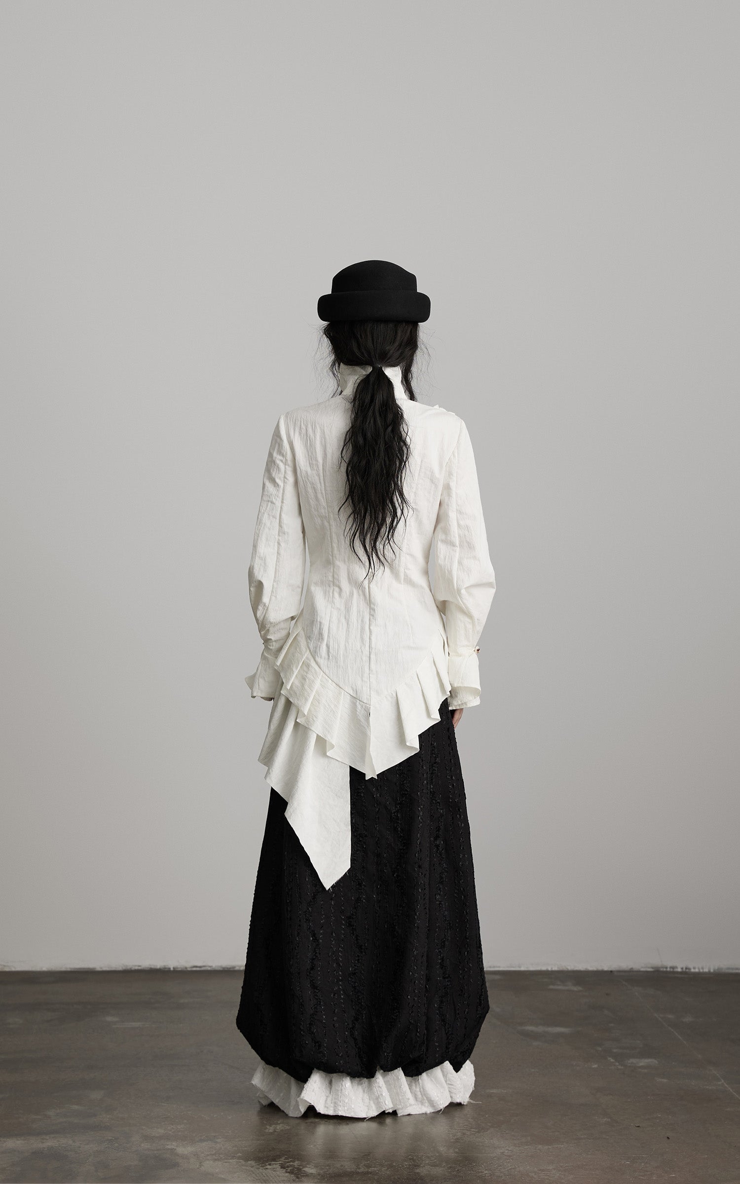 DOINDULGE Asymmetric Ruched High-Neck Shirt with Sculptural Draped Panels