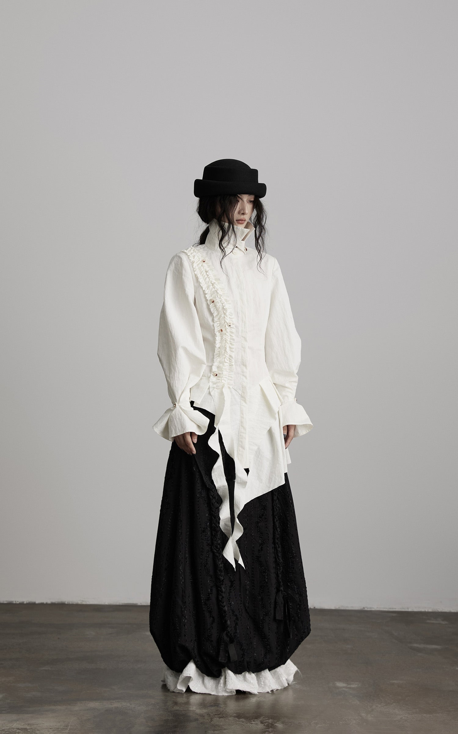 DOINDULGE Asymmetric Ruched High-Neck Shirt with Sculptural Draped Panels