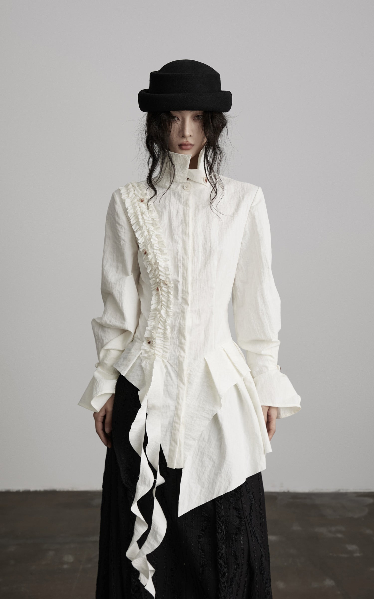 DOINDULGE Asymmetric Ruched High-Neck Shirt with Sculptural Draped Panels
