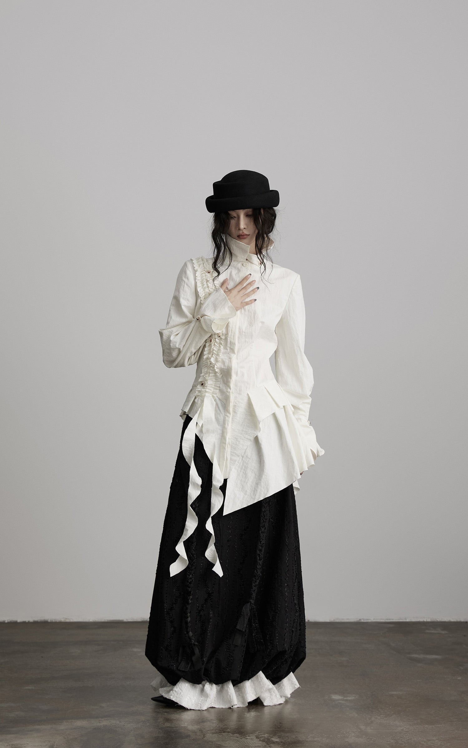 DOINDULGE Asymmetric Ruched High-Neck Shirt with Sculptural Draped Panels