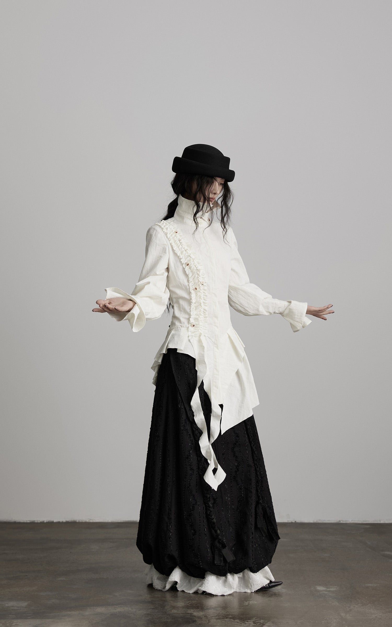 DOINDULGE Asymmetric Ruched High-Neck Shirt with Sculptural Draped Panels