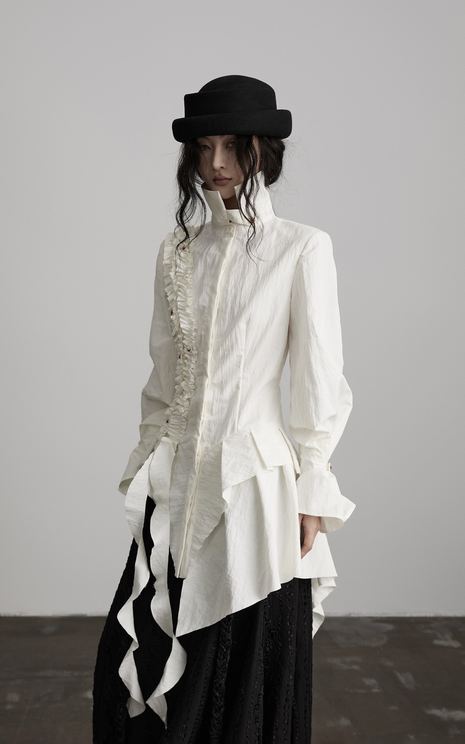 DOINDULGE Asymmetric Ruched High-Neck Shirt with Sculptural Draped Panels