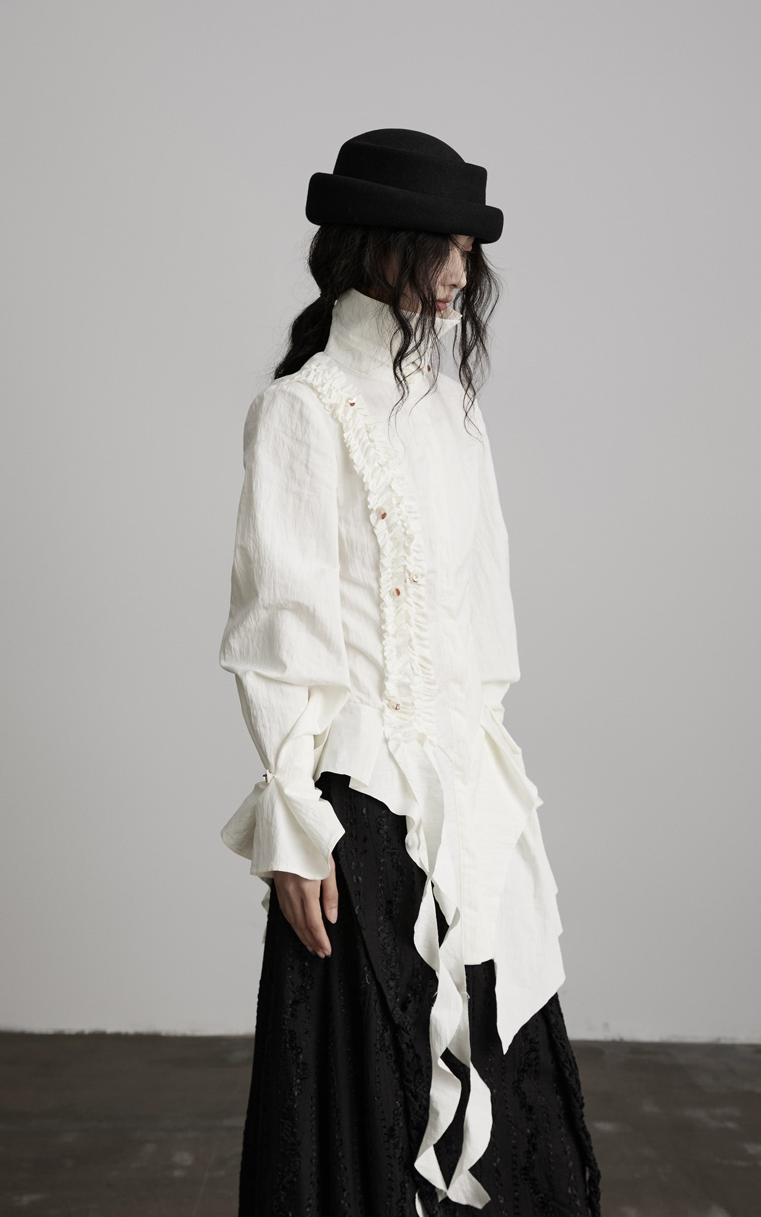 DOINDULGE Asymmetric Ruched High-Neck Shirt with Sculptural Draped Panels