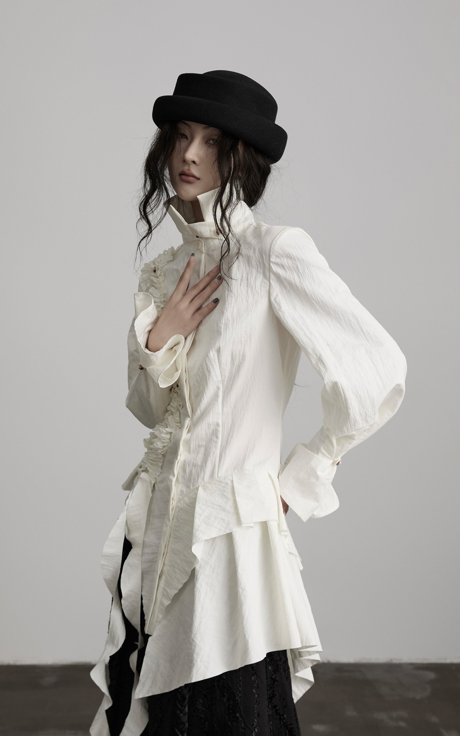DOINDULGE Asymmetric Ruched High-Neck Shirt with Sculptural Draped Panels