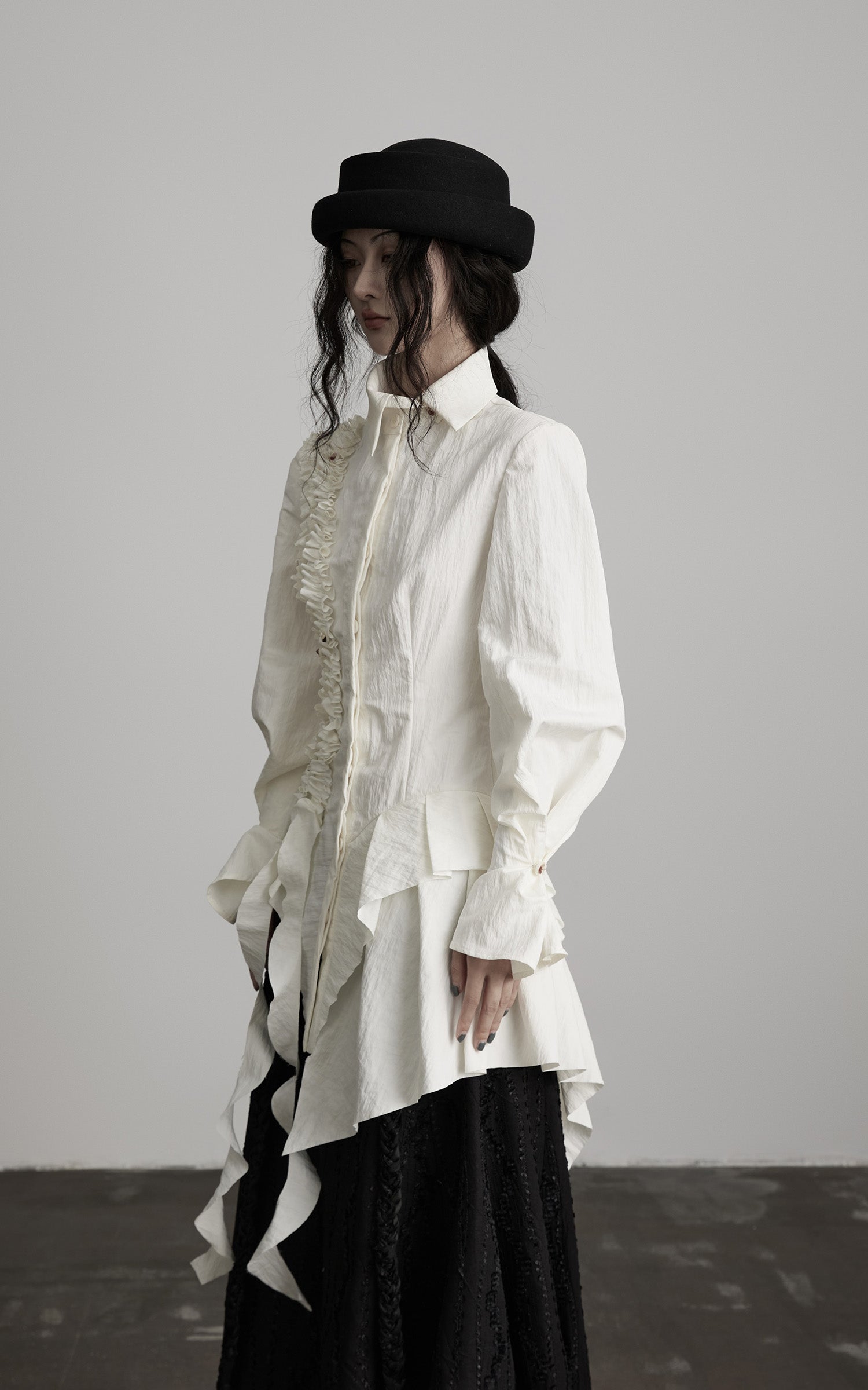 DOINDULGE Asymmetric Ruched High-Neck Shirt with Sculptural Draped Panels