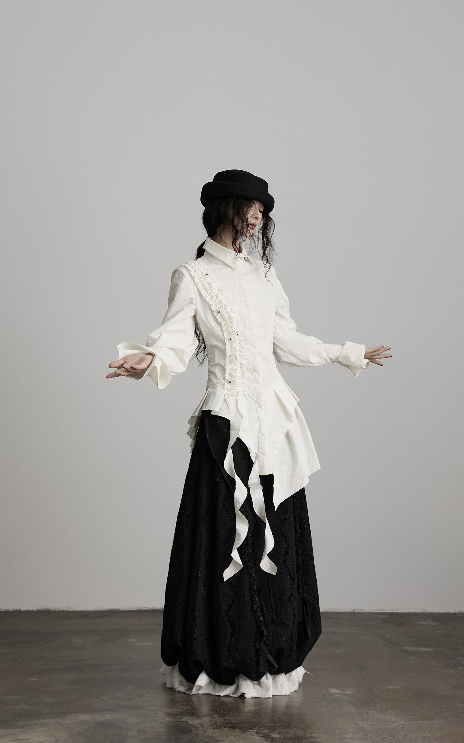 DOINDULGE Asymmetric Ruched High-Neck Shirt with Sculptural Draped Panels