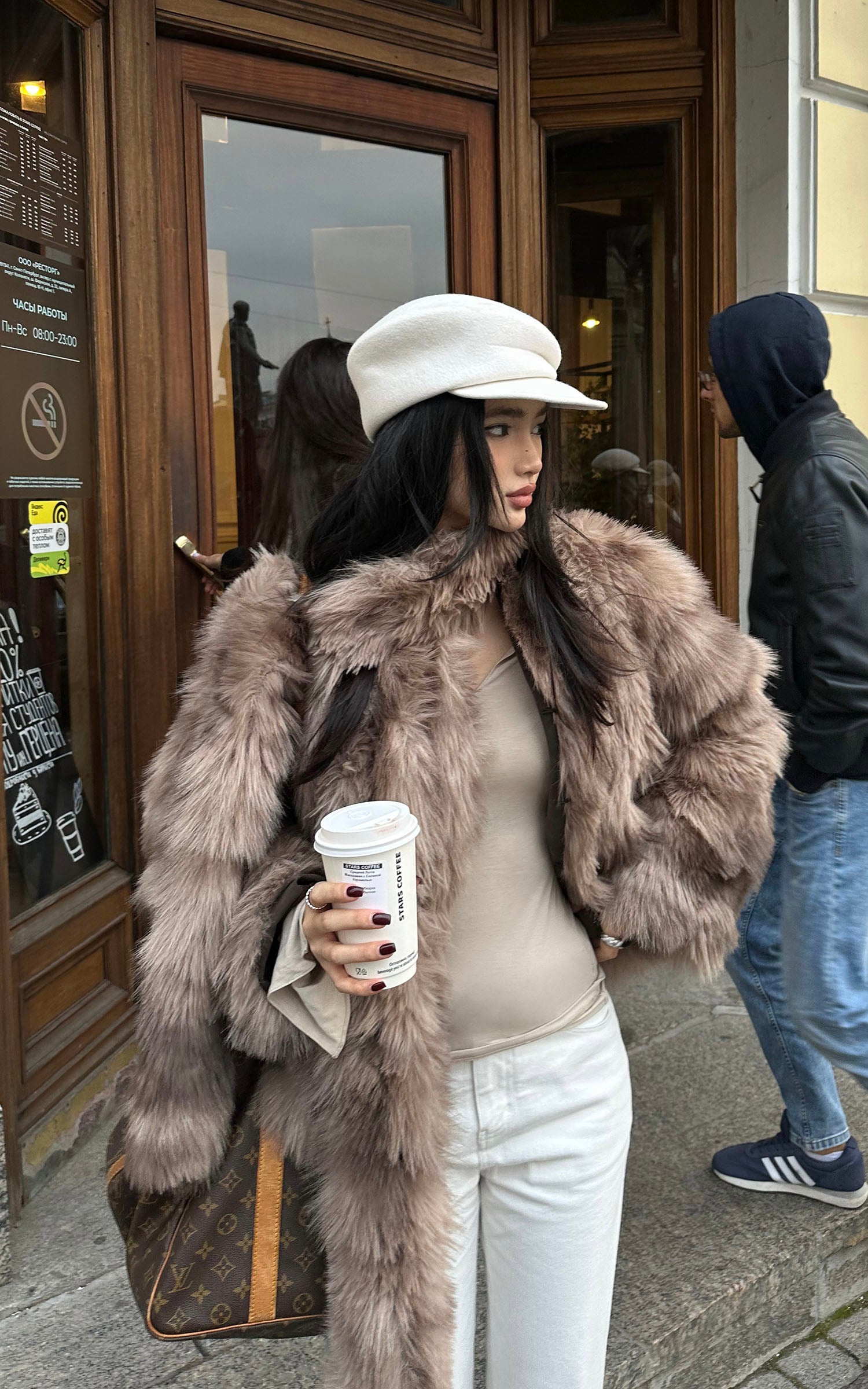 ROVENTE Faux Fur Jacket with Scarf Detail