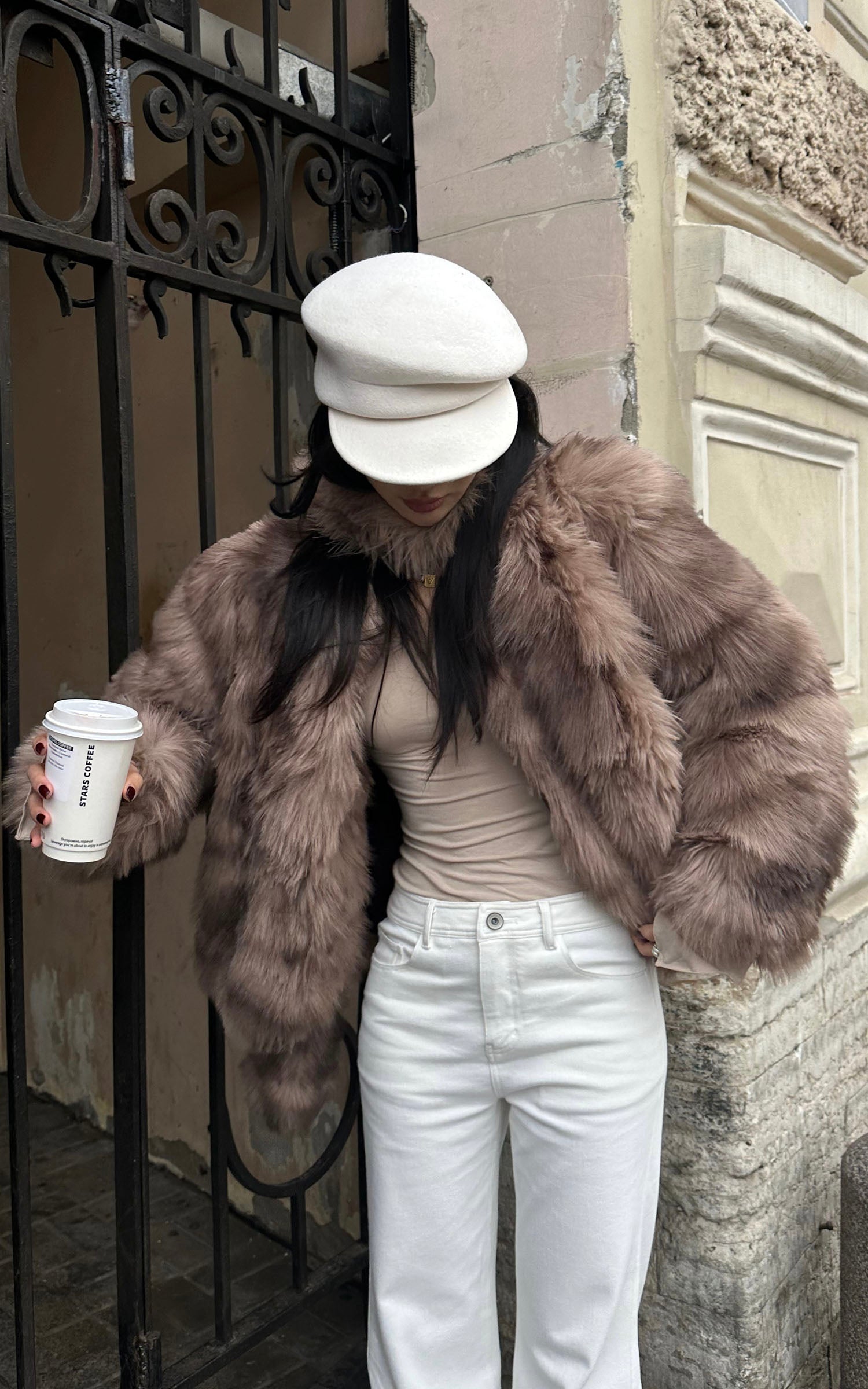 ROVENTE Faux Fur Jacket with Scarf Detail