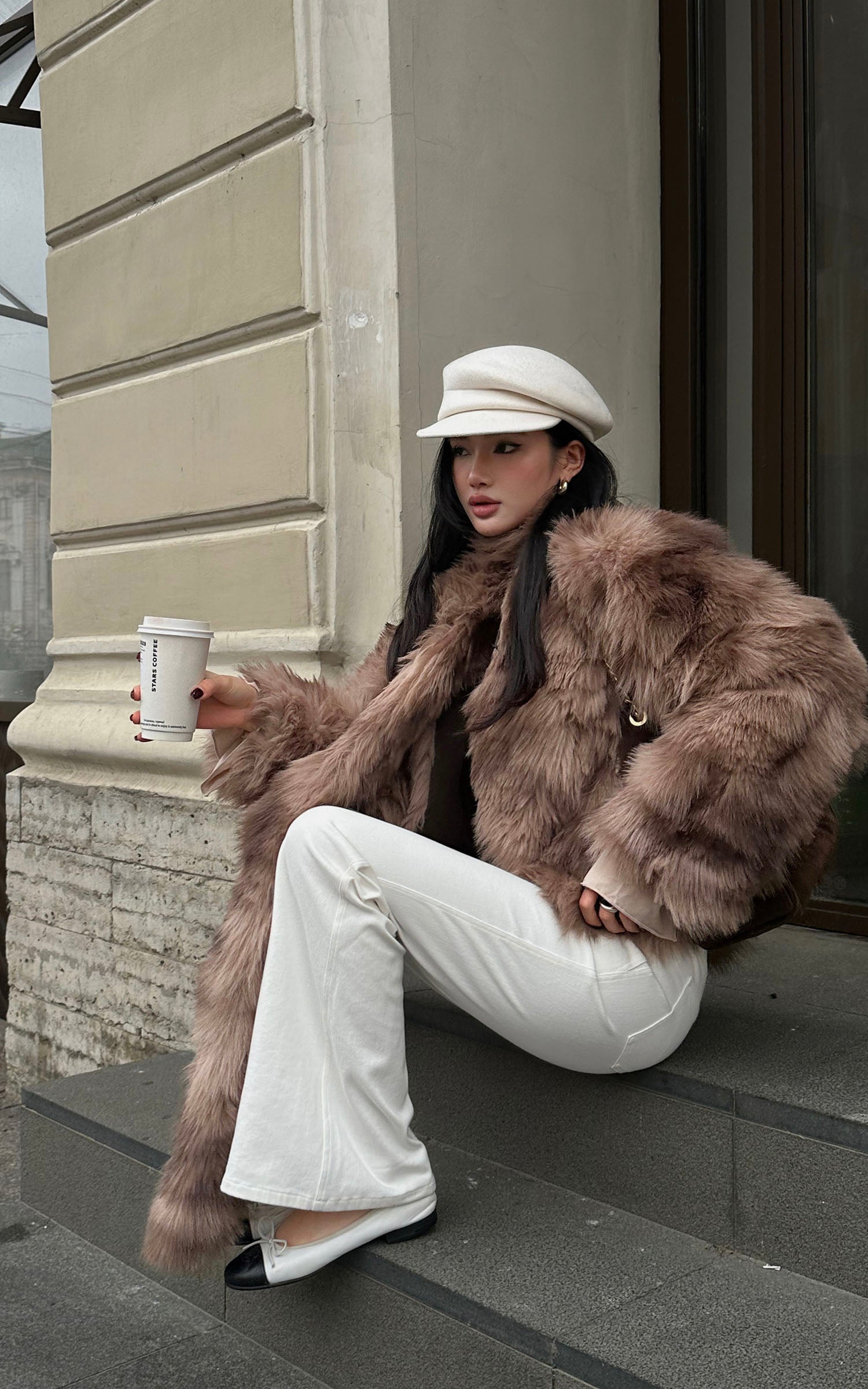 ROVENTE Faux Fur Jacket with Scarf Detail