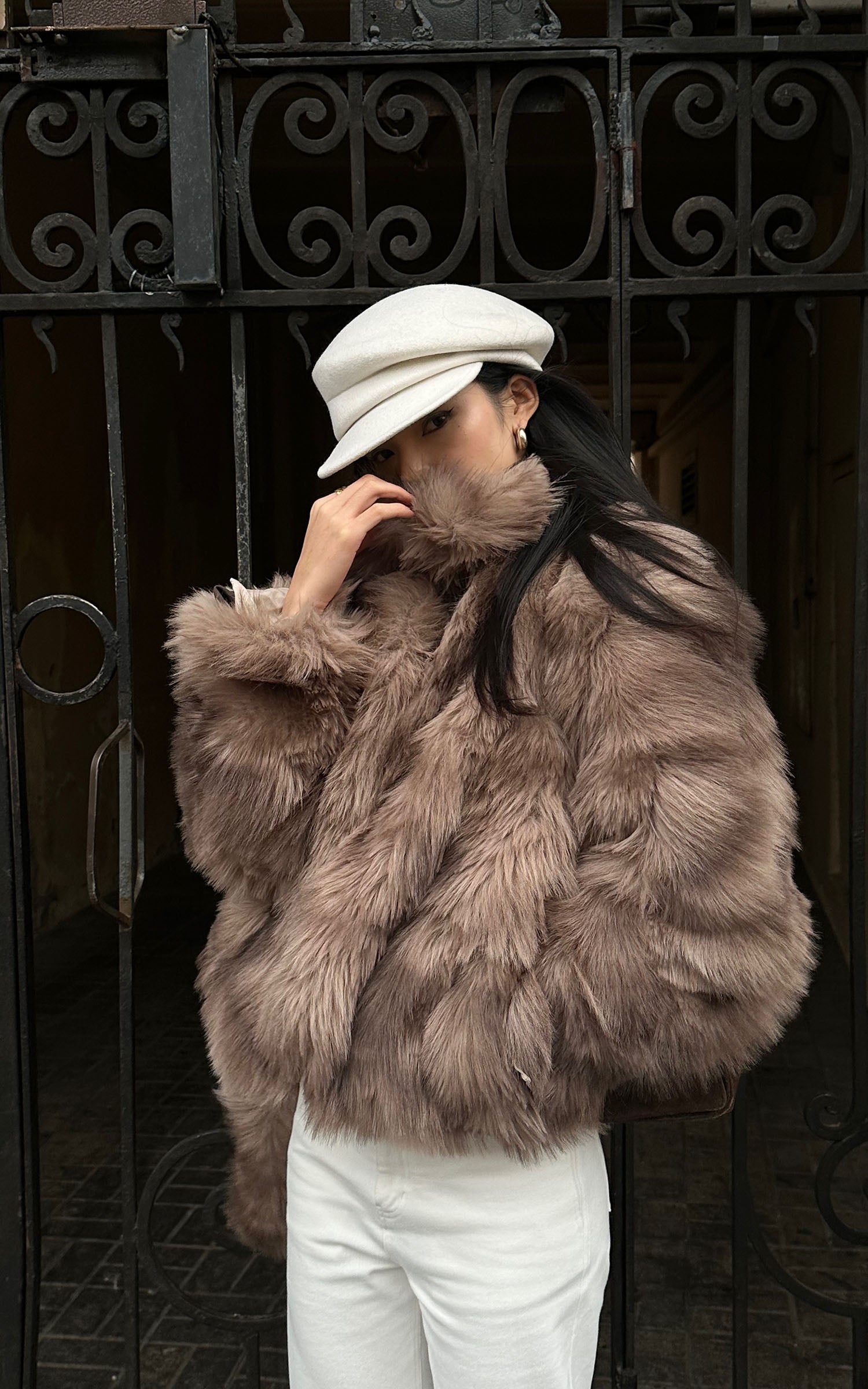 ROVENTE Faux Fur Jacket with Scarf Detail