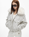 IAMXIAA Faux Fur Collar Tweed Short Jacket Women Winter Padded Cropped Outerwear