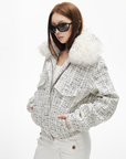 IAMXIAA Faux Fur Collar Tweed Short Jacket Women Winter Padded Cropped Outerwear