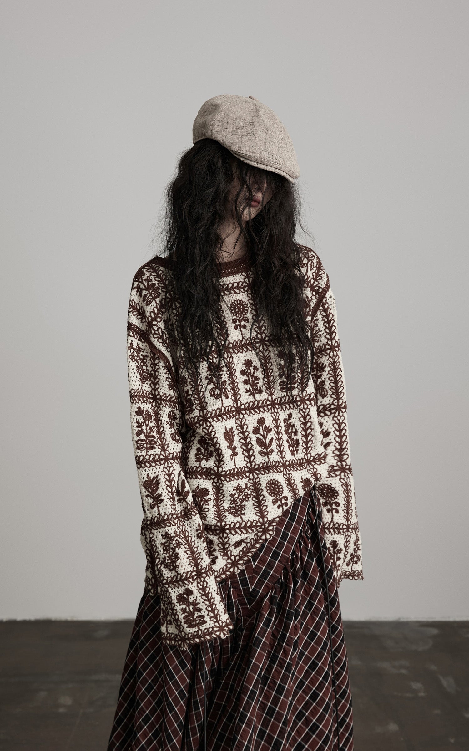 DOINDULGE Floral Grid Knit Sweater