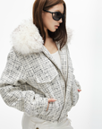 IAMXIAA Faux Fur Collar Tweed Short Jacket Women Winter Padded Cropped Outerwear