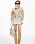 IAMXIAA Faux Fur Short Jacket with Buckle Collar and Ribbed Hem