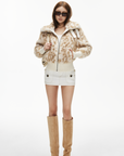 IAMXIAA Faux Fur Short Jacket with Buckle Collar and Ribbed Hem