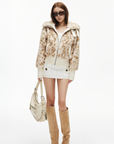 IAMXIAA Faux Fur Short Jacket with Buckle Collar and Ribbed Hem