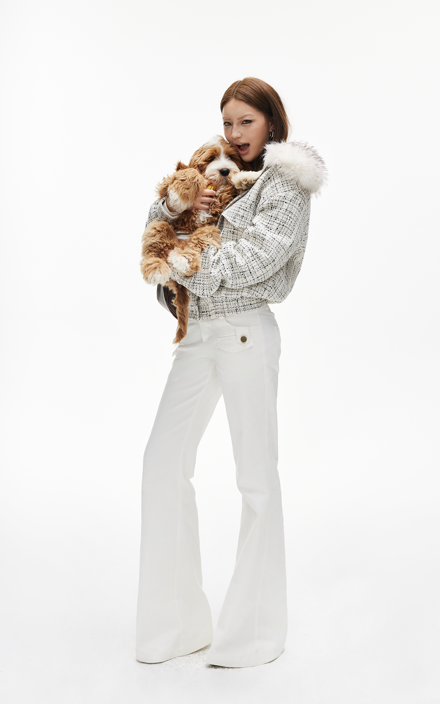 IAMXIAA Faux Fur Collar Tweed Short Jacket Women Winter Padded Cropped Outerwear