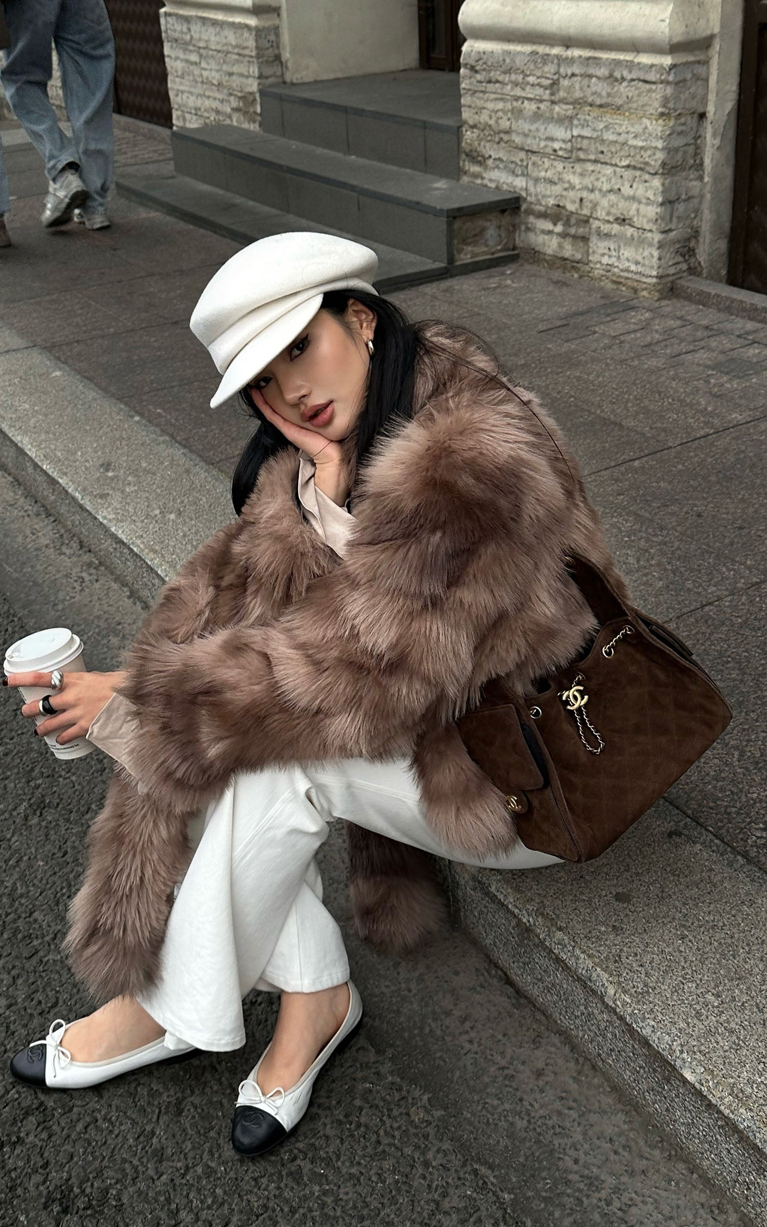 ROVENTE Faux Fur Jacket with Scarf Detail