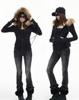 IAMXIAA Fitted Zip-Up Jacket with Detachable Faux Fur Hood