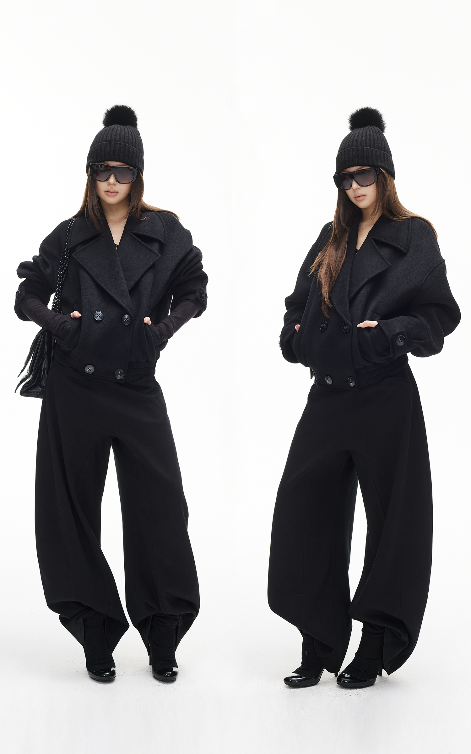 IAMXIAA Double-Breasted Cropped Wool-Like Jacket Women Short Lapel Coat