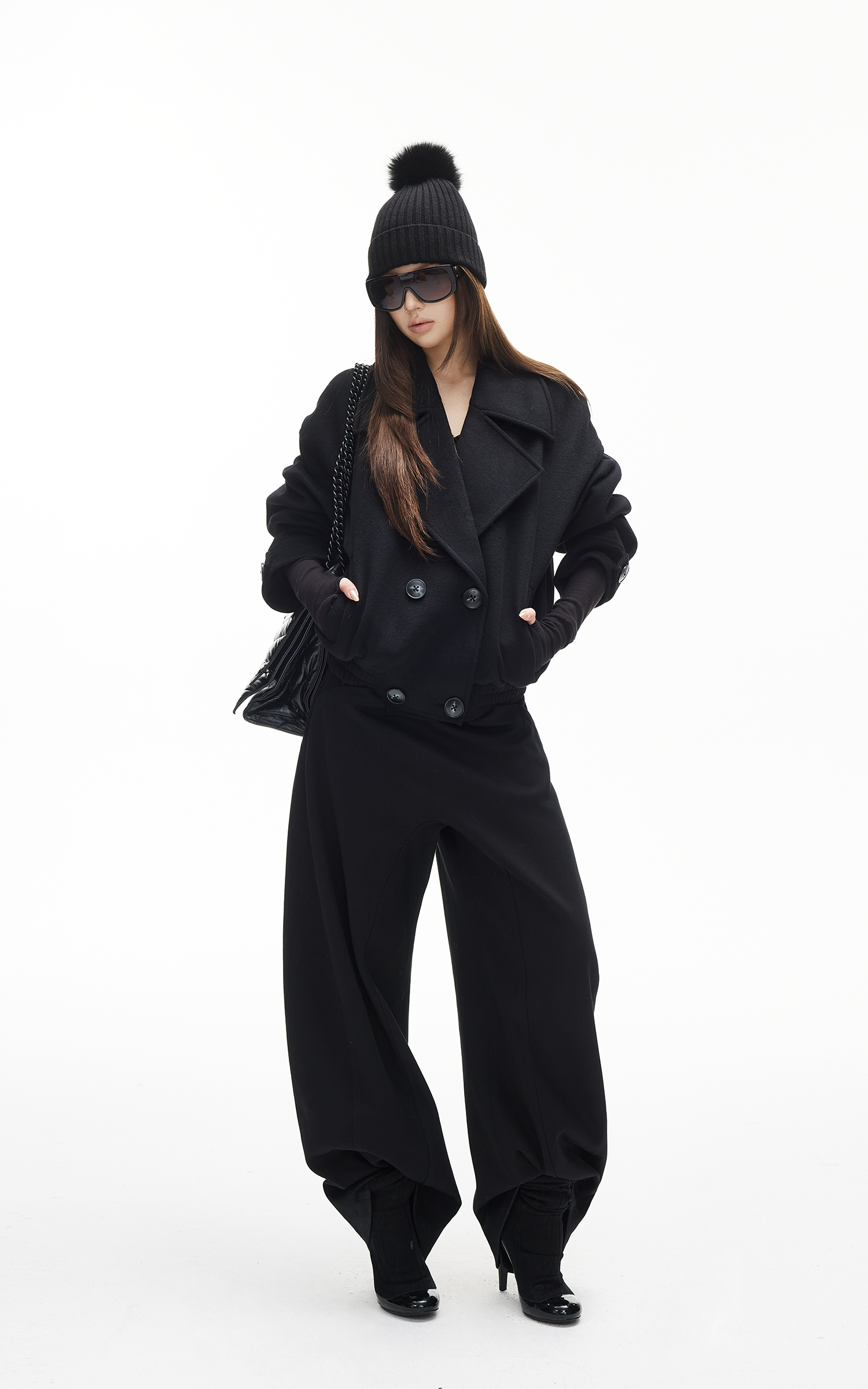 IAMXIAA Double-Breasted Cropped Wool-Like Jacket Women Short Lapel Coat