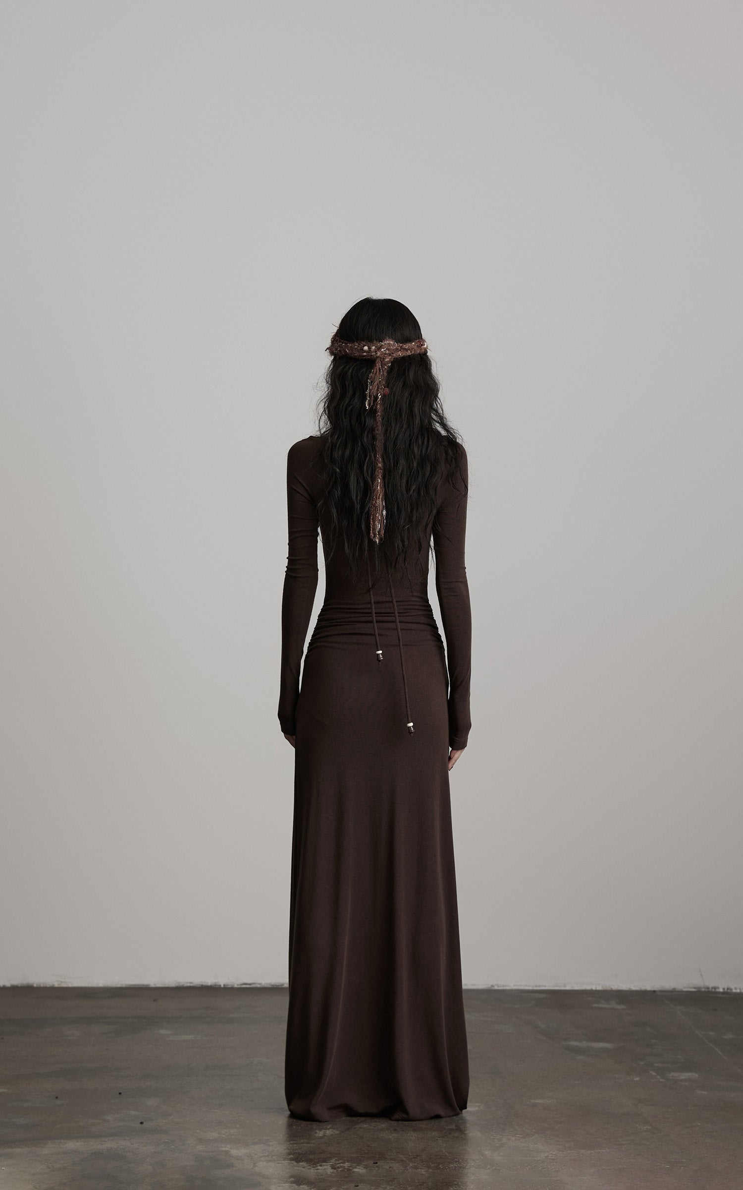 DOINDULGE Ruched Keyhole Maxi Dress in Dark Earth Tone