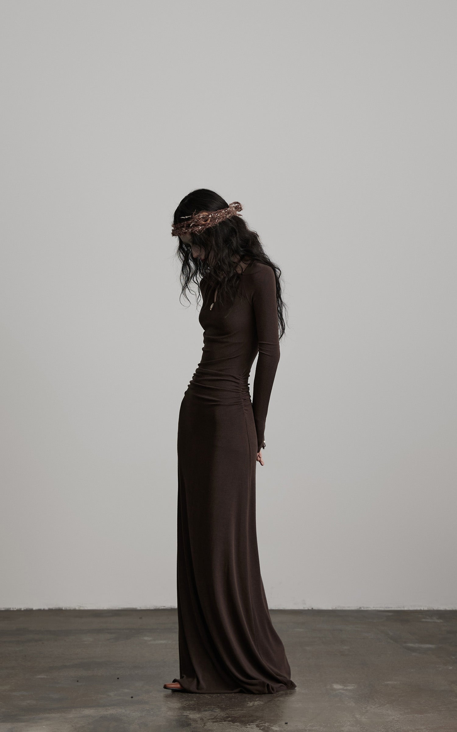 DOINDULGE Ruched Keyhole Maxi Dress in Dark Earth Tone