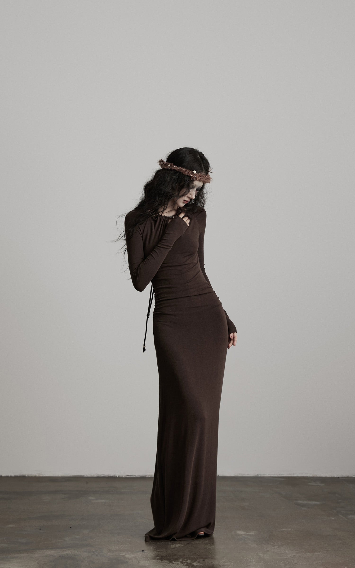 DOINDULGE Ruched Keyhole Maxi Dress in Dark Earth Tone
