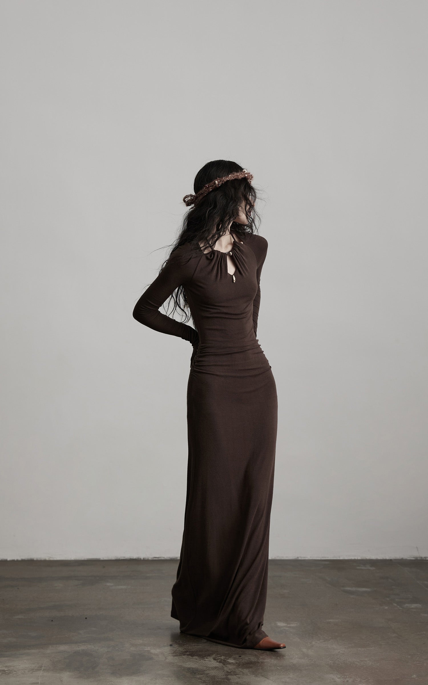 DOINDULGE Ruched Keyhole Maxi Dress in Dark Earth Tone