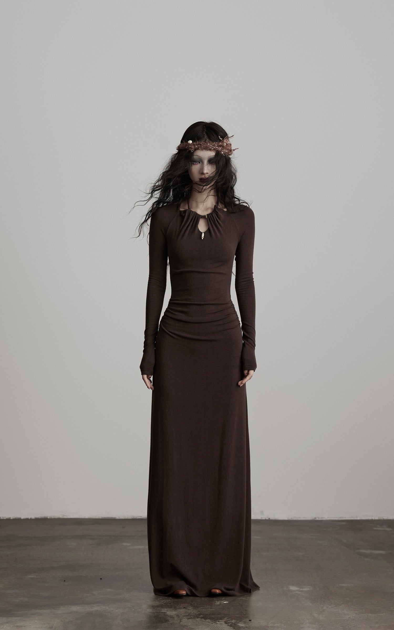 DOINDULGE Ruched Keyhole Maxi Dress in Dark Earth Tone