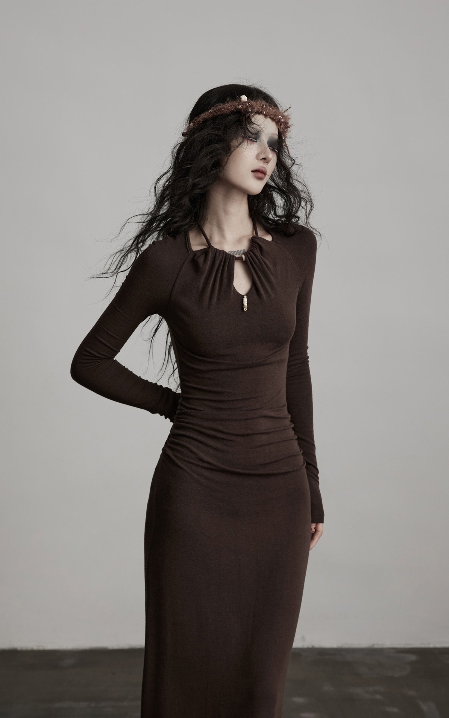 DOINDULGE Ruched Keyhole Maxi Dress in Dark Earth Tone