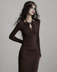 DOINDULGE Ruched Keyhole Maxi Dress in Dark Earth Tone