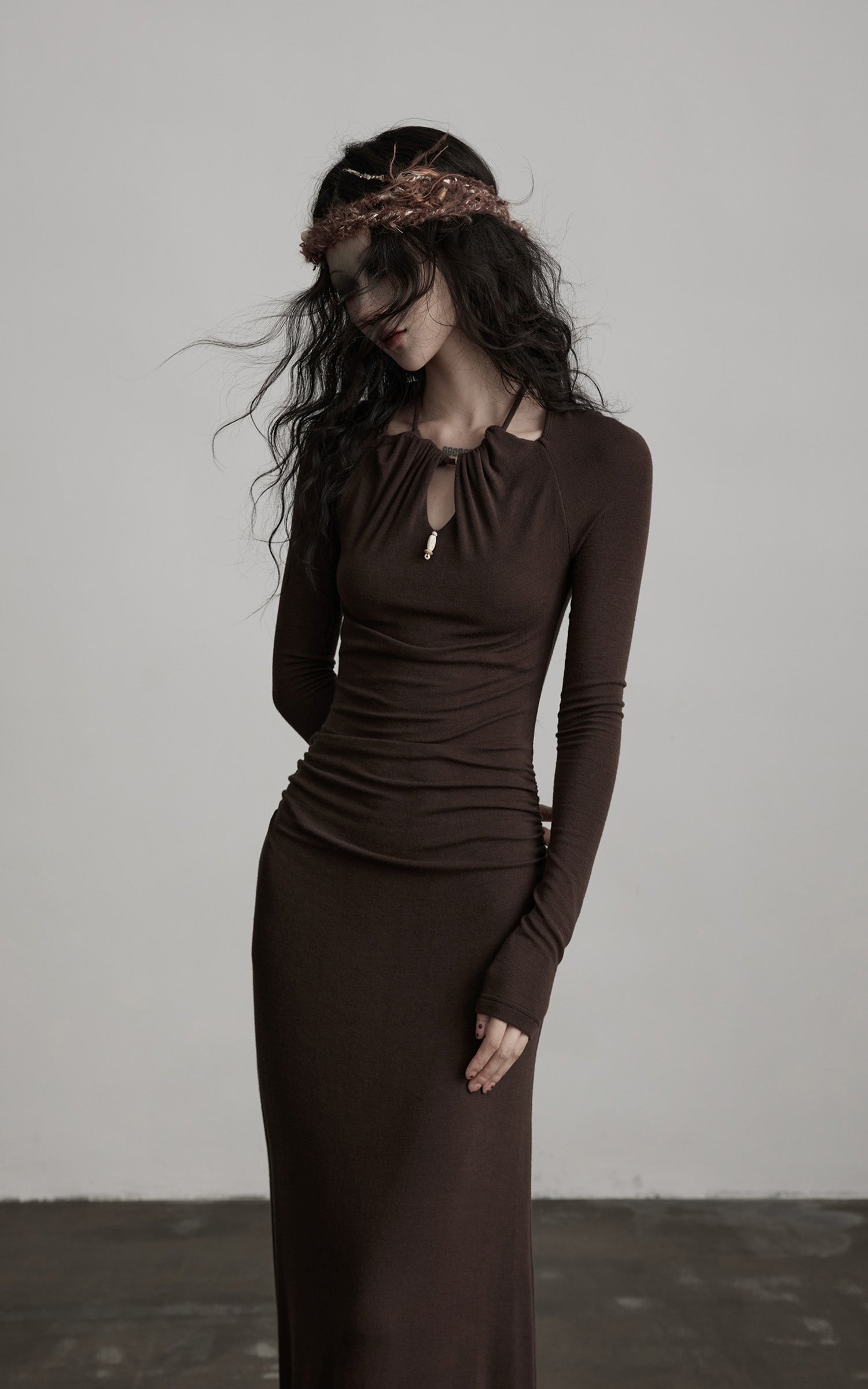 DOINDULGE Ruched Keyhole Maxi Dress in Dark Earth Tone