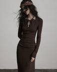 DOINDULGE Ruched Keyhole Maxi Dress in Dark Earth Tone