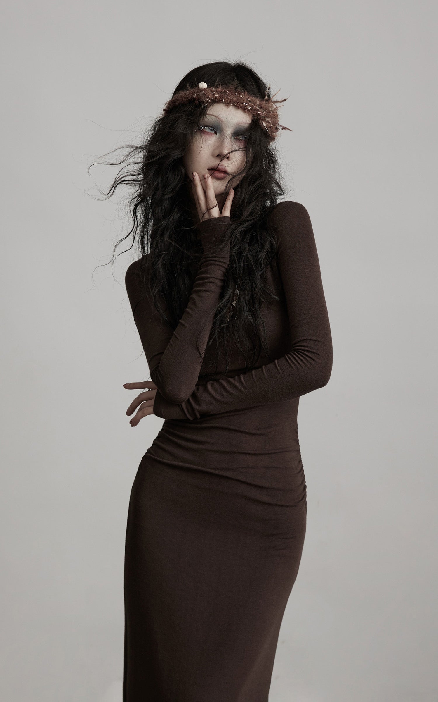 DOINDULGE Ruched Keyhole Maxi Dress in Dark Earth Tone