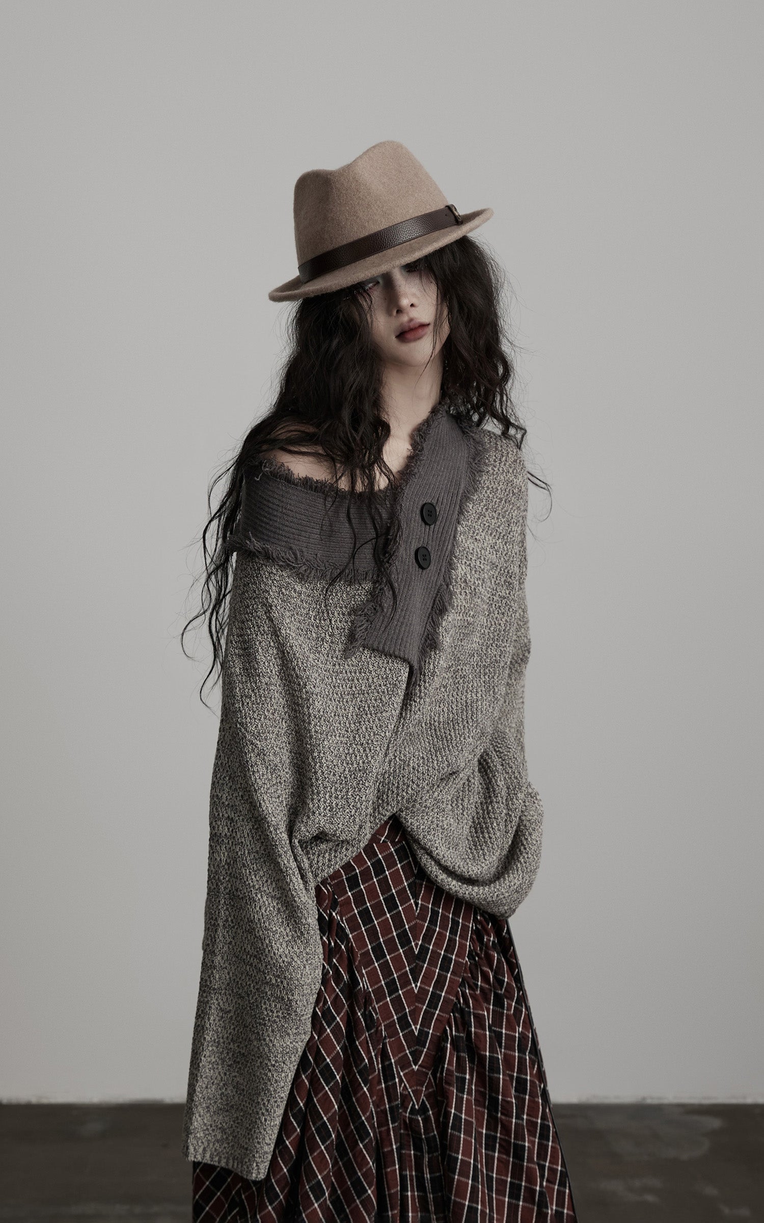 DOINDULGE Textured Asymmetric Collar Knit Sweater