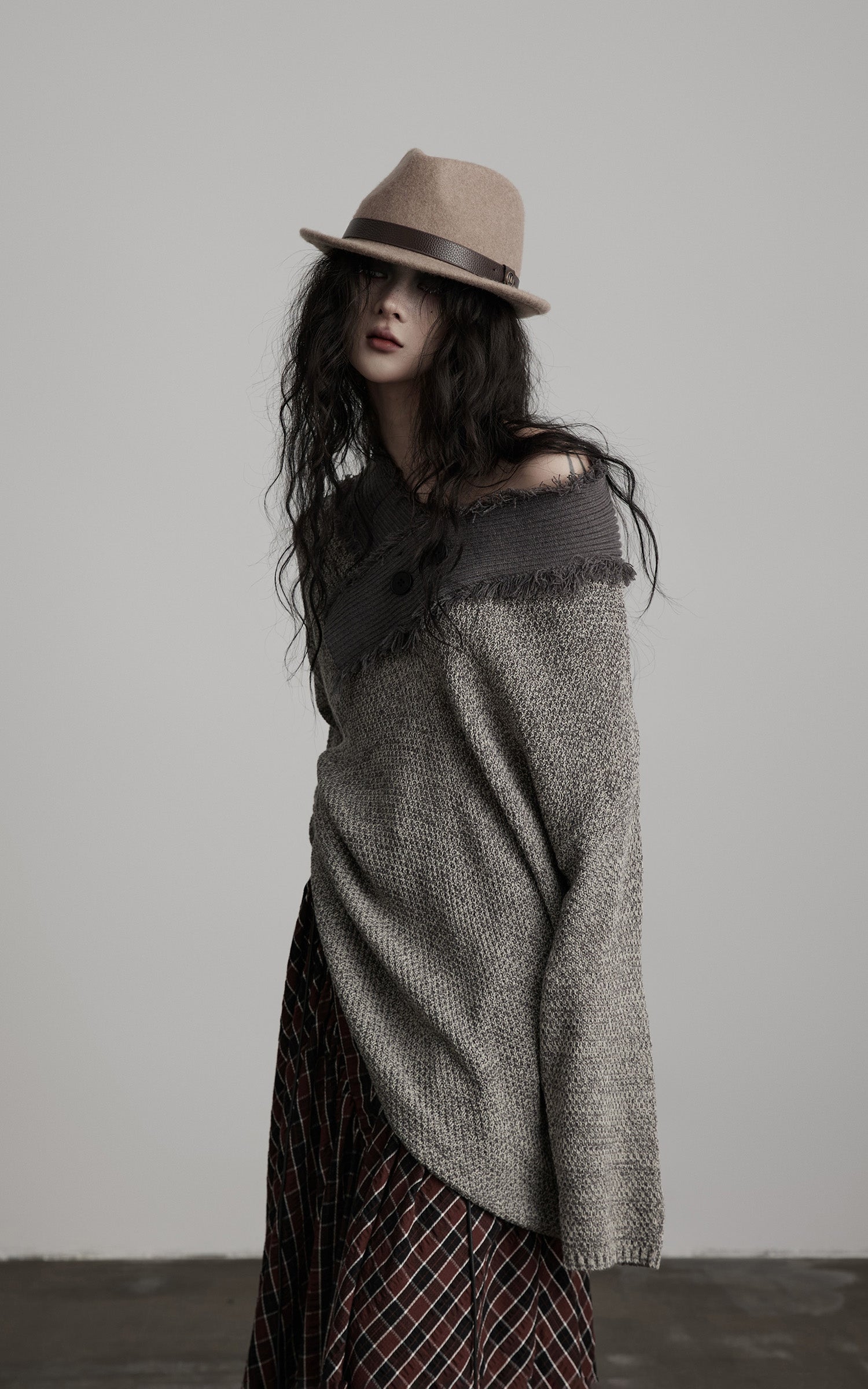 DOINDULGE Textured Asymmetric Collar Knit Sweater