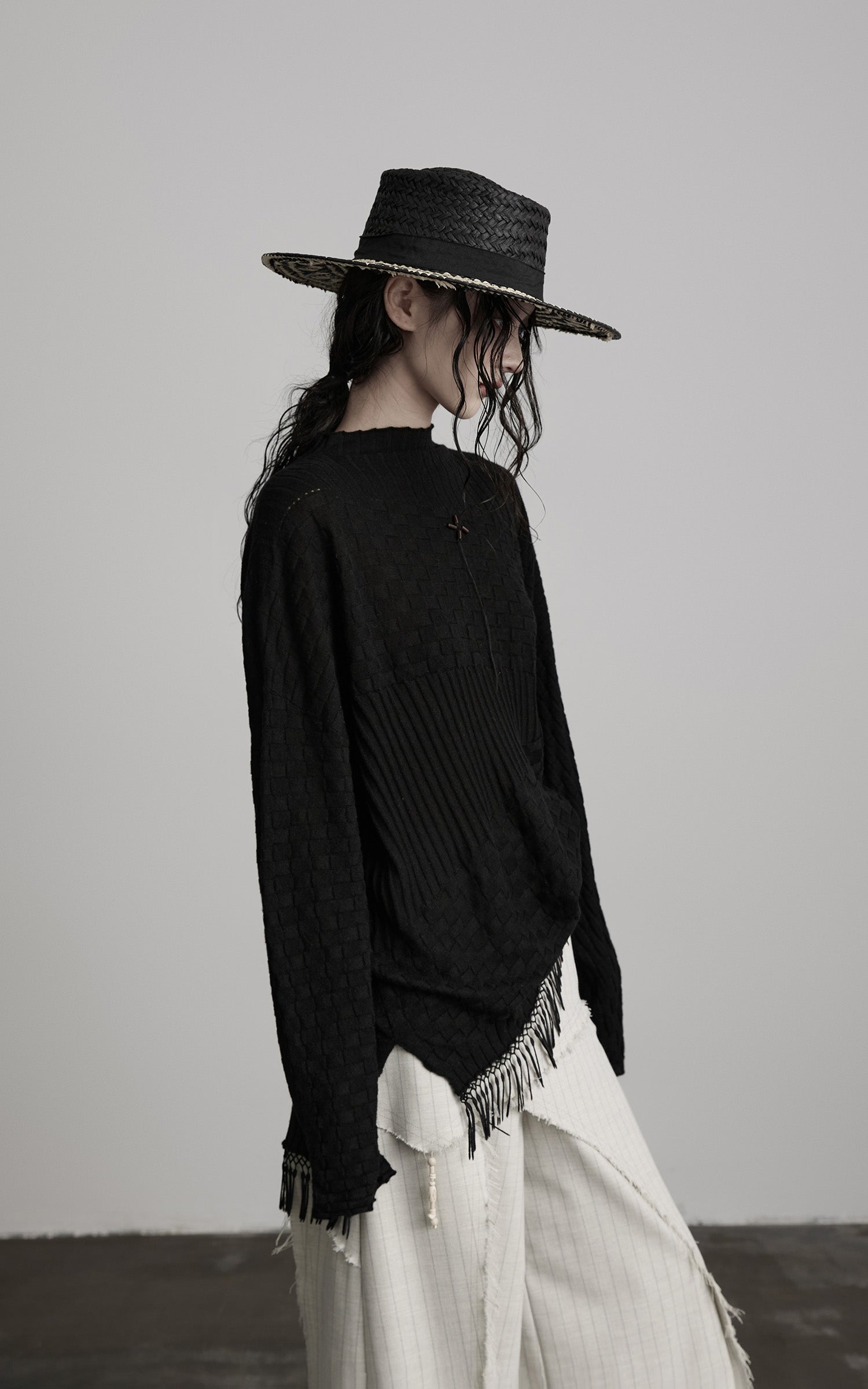 DOINDULGE Textured Fringe Knit Sweater