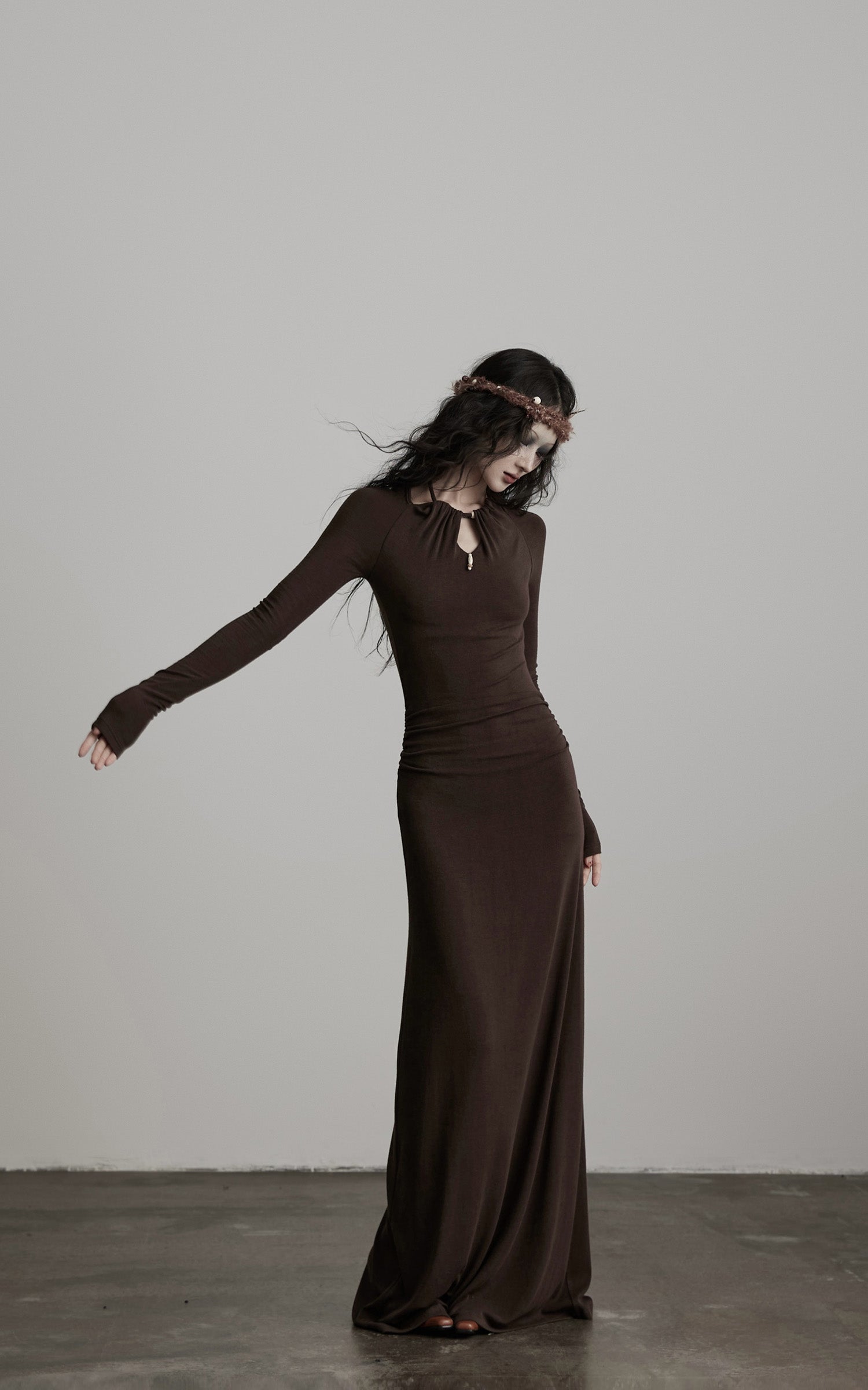 DOINDULGE Ruched Keyhole Maxi Dress in Dark Earth Tone