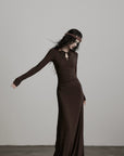 DOINDULGE Ruched Keyhole Maxi Dress in Dark Earth Tone
