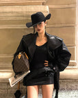 ROVENTE Faux Leather Belted Short Trench Coat