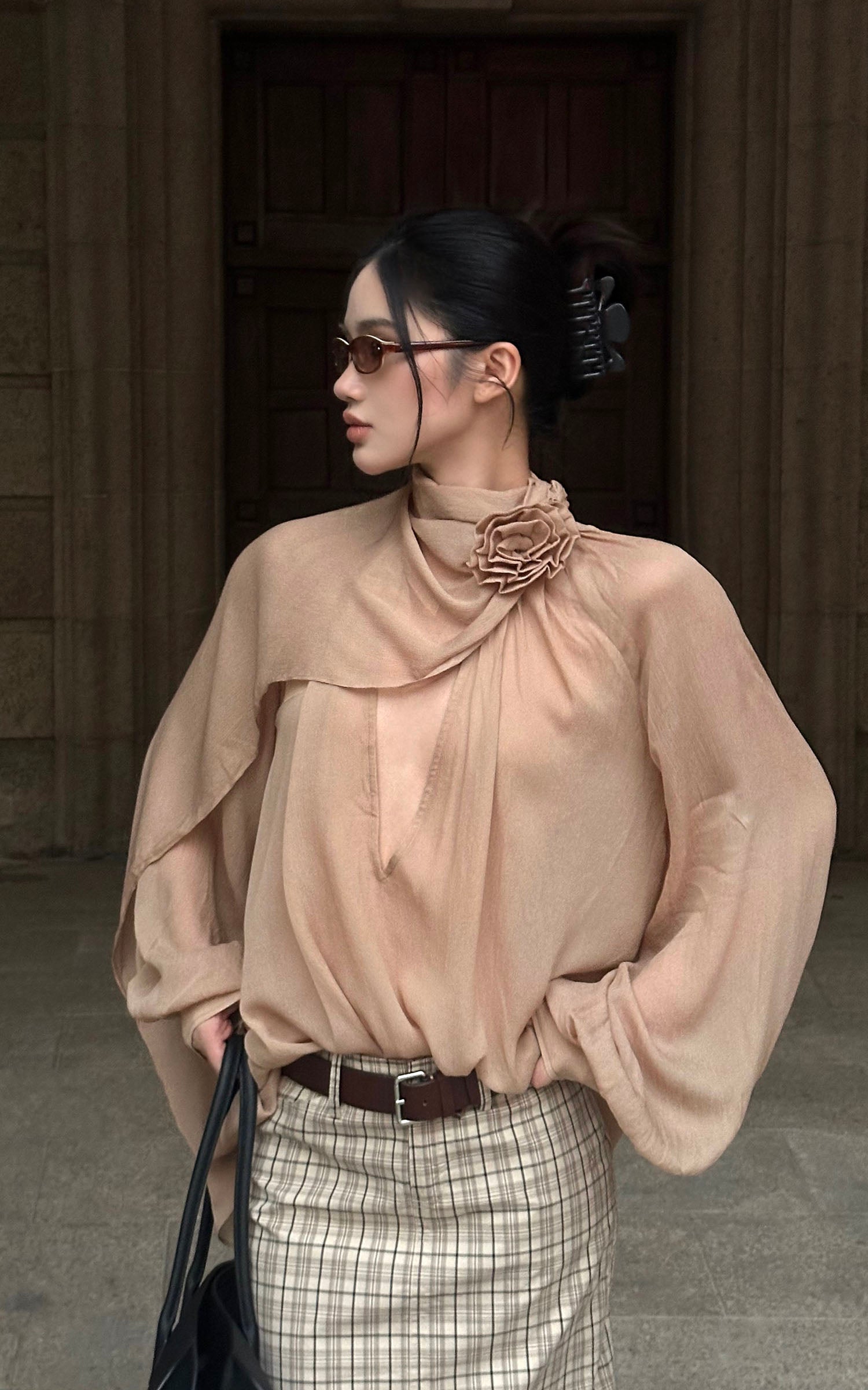 ROVENTE Draped Scarf Blouse with Flower Detail