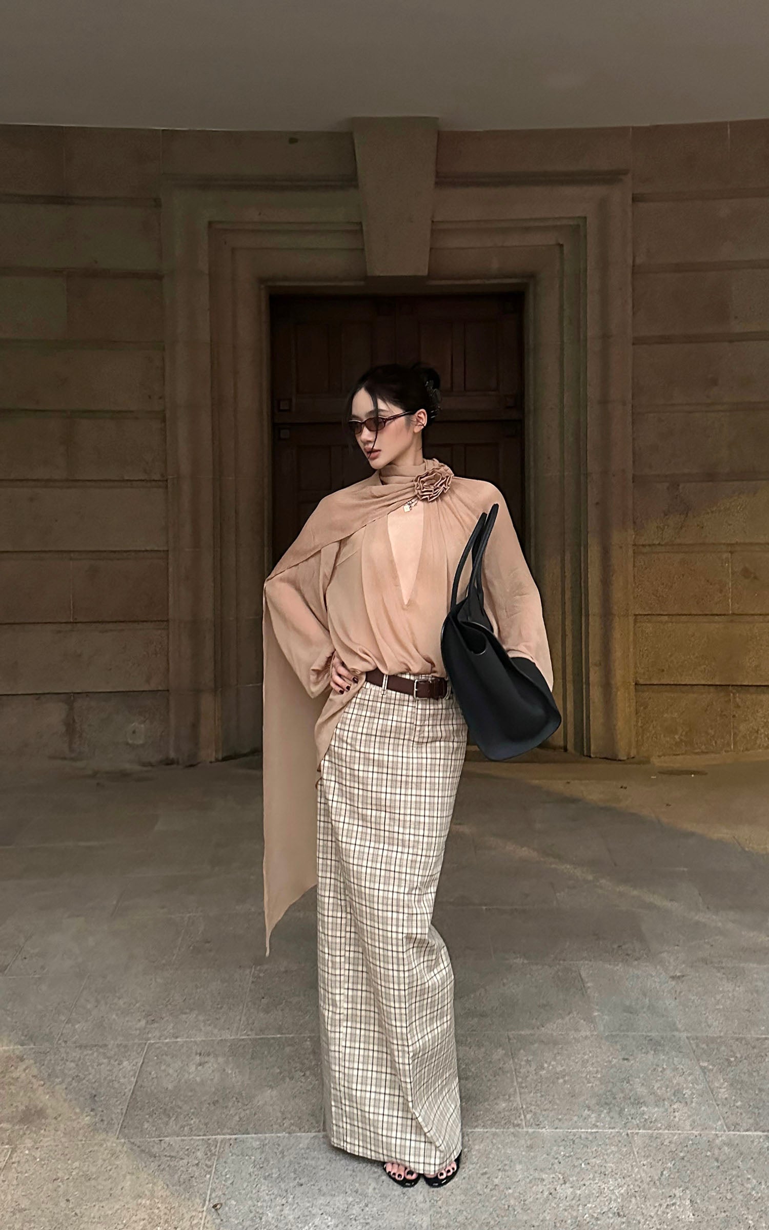 ROVENTE Draped Scarf Blouse with Flower Detail