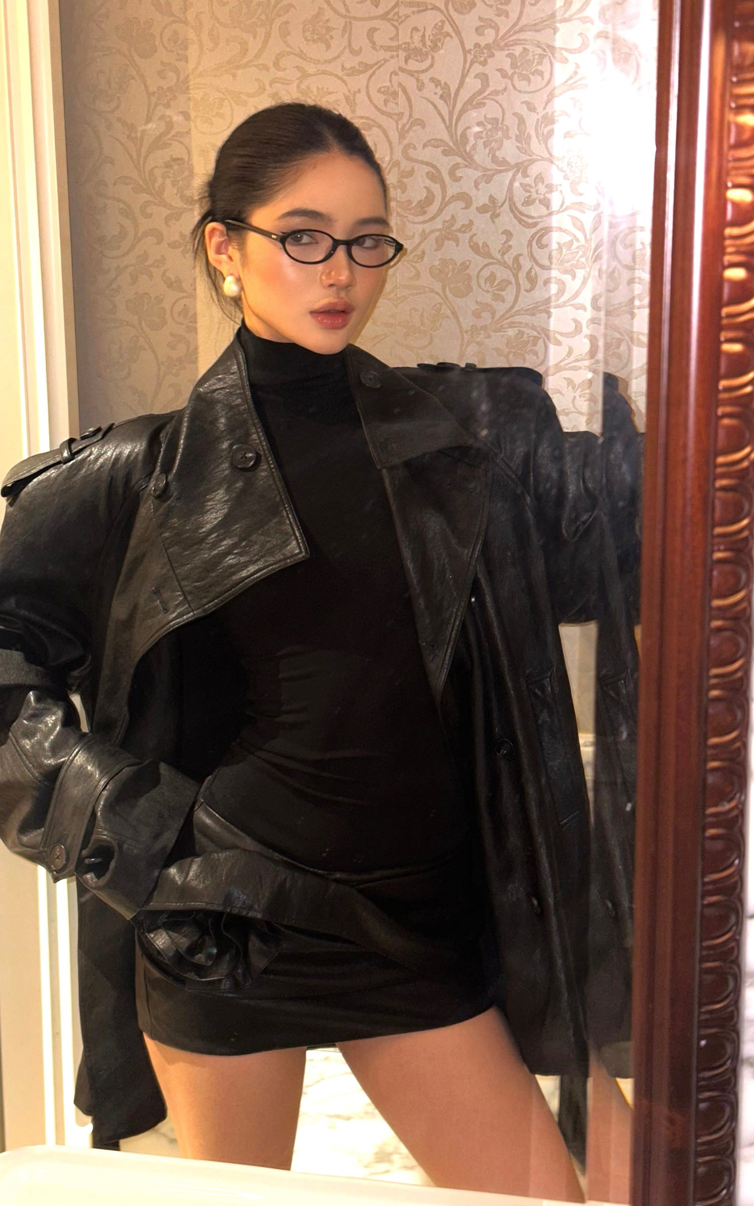 ROVENTE Faux Leather Mini Skirt with Draped Rose Detail